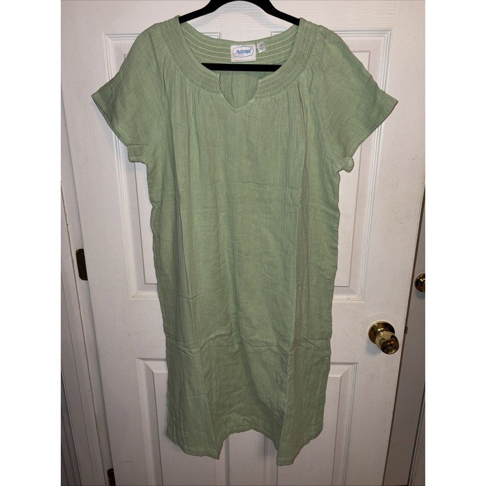 NWT National House M Patio Dress Green Peasant Muumuu Trad Gauze Cover Up